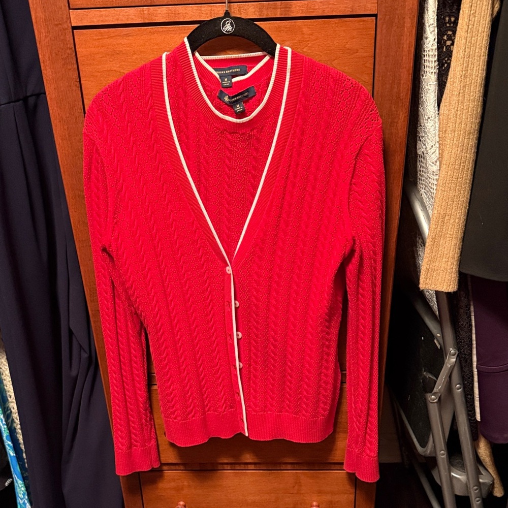 Red Button-Up Women’s Cardigan & Shell Crochet Sweater set